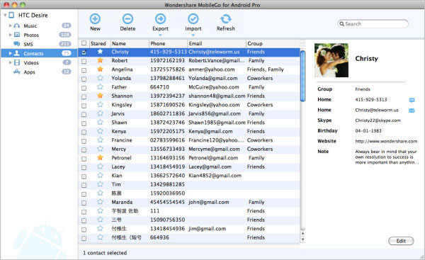 Mac Android MobileGo Contacts